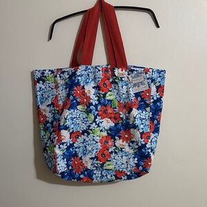 Shabby Chic Floral Tote with Red Handles